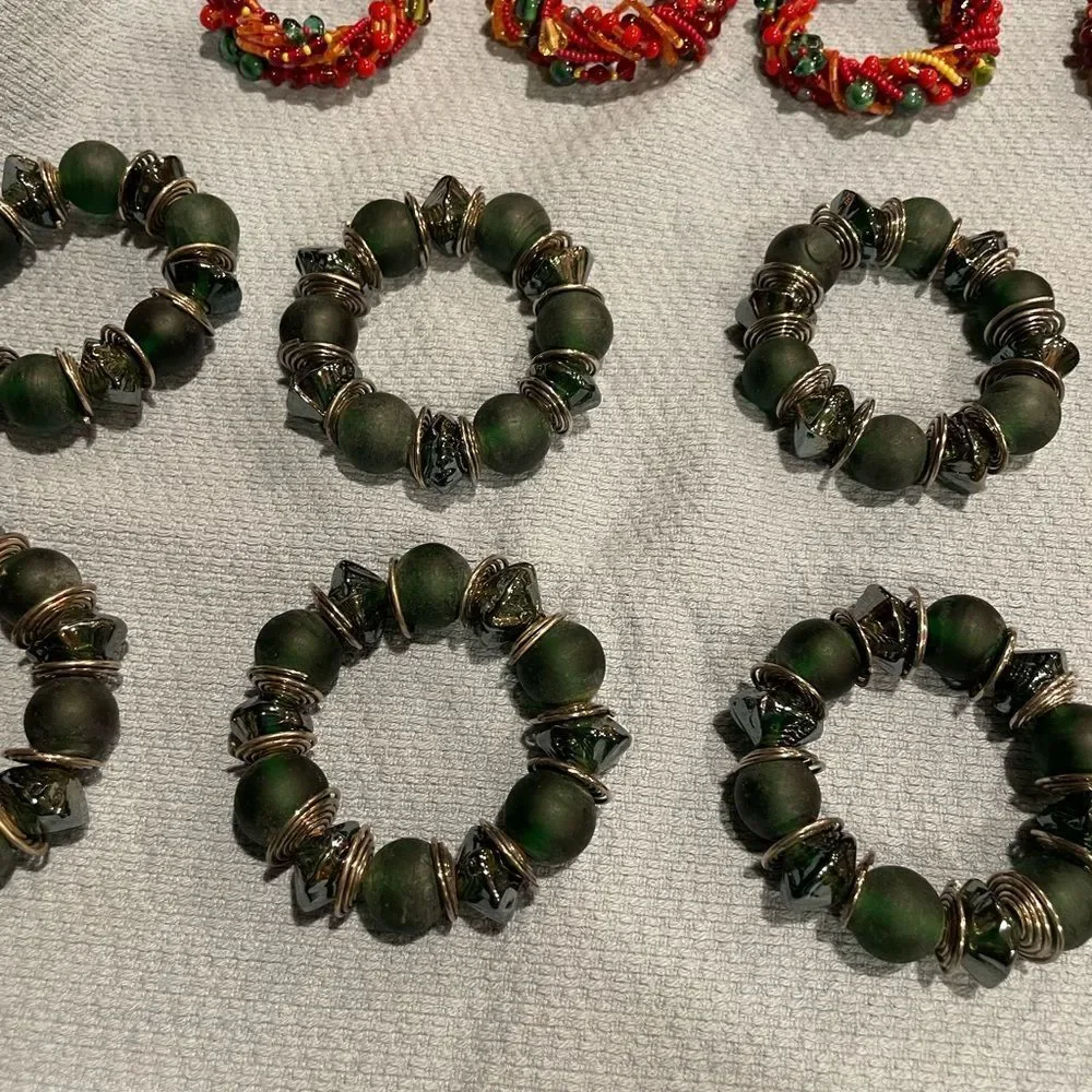 Green Glass Silver Wire Napkin Rings Red Orange Glass Beads Napkin Rings 16 TTL